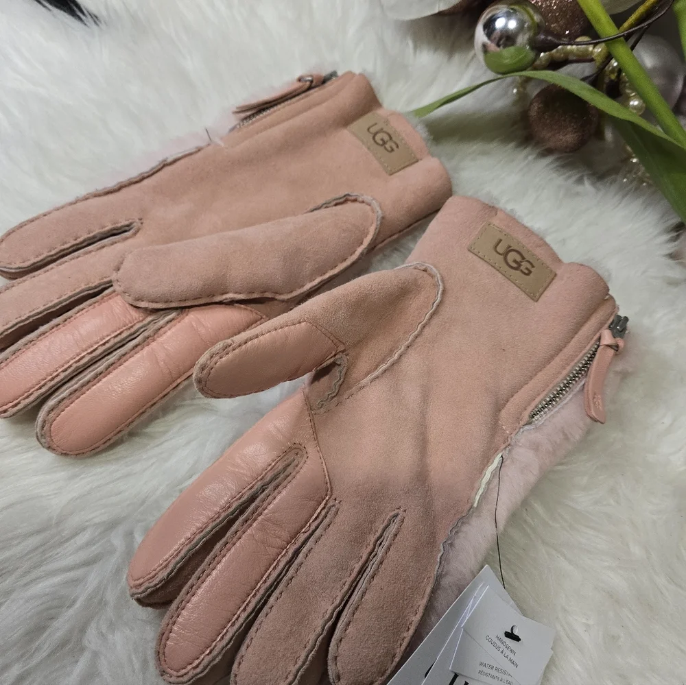 UGG PLUSH ZIP SHORTY GLOVE WOMENS L HAND SEWN SHEEPSKIN CONDUCTIVE~APPLE BLOSSOM